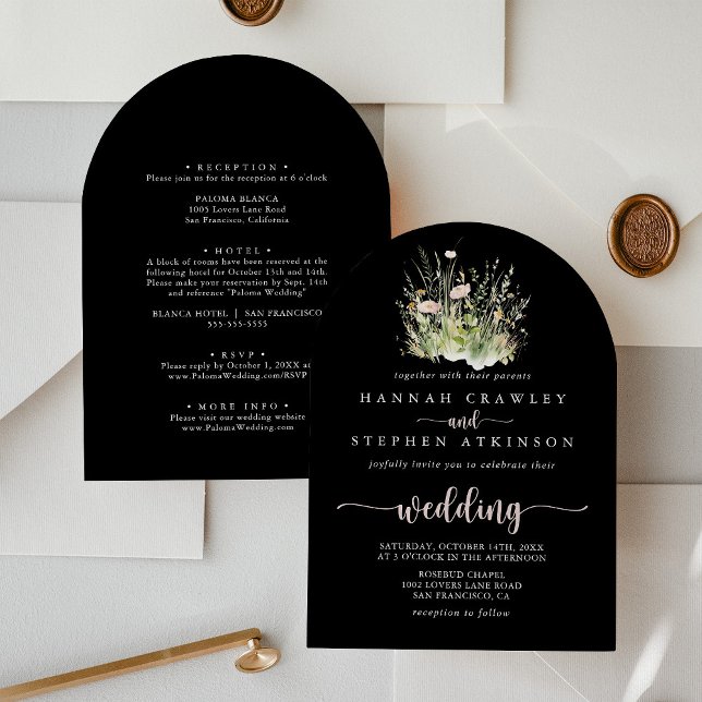 Boho Wildflower Black Arch Front & Back Wedding Invitation (Creator Uploaded)