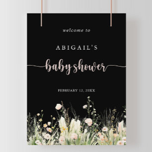 Boho Wildflower Black Baby Shower Welcome  Poster