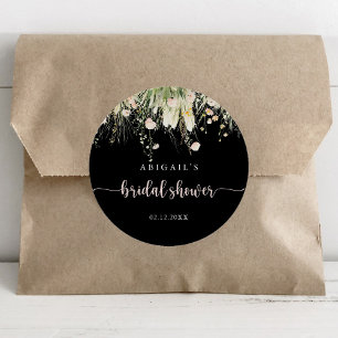 Boho Wildflower Black Bridal Shower Favour  Classic Round Sticker