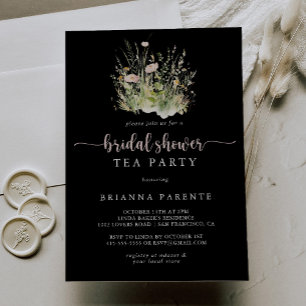 Boho Wildflower Black Bridal Shower Tea Party  Invitation