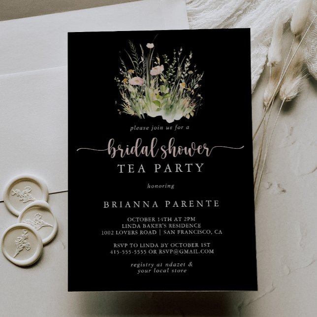 Boho Wildflower Black Bridal Shower Tea Party  Invitation (Creator Uploaded)
