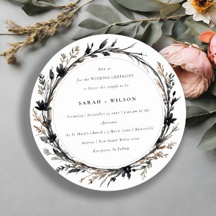 Boho Wildflower Black Brown Fall Wreath Wedding Invitation