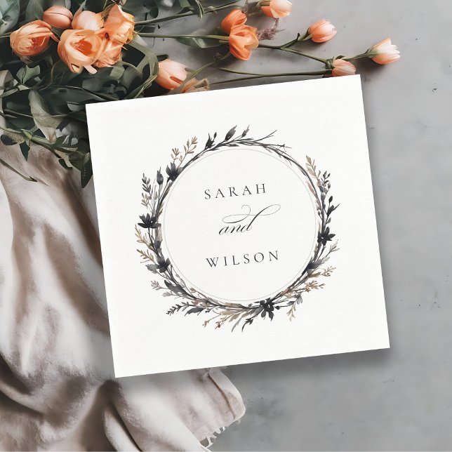 Boho Wildflower Black Brown Fall Wreath Wedding Napkin (Creator Uploaded)