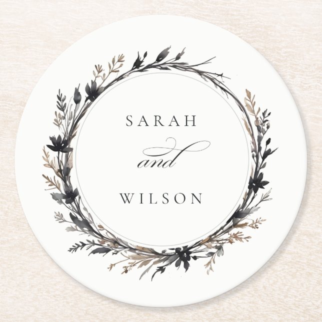 Boho Wildflower Black Brown Fall Wreath Wedding Round Paper Coaster (Front)