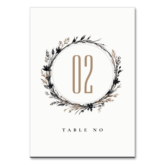Boho Wildflower Black Brown Fall Wreath Wedding Table Number (Front)
