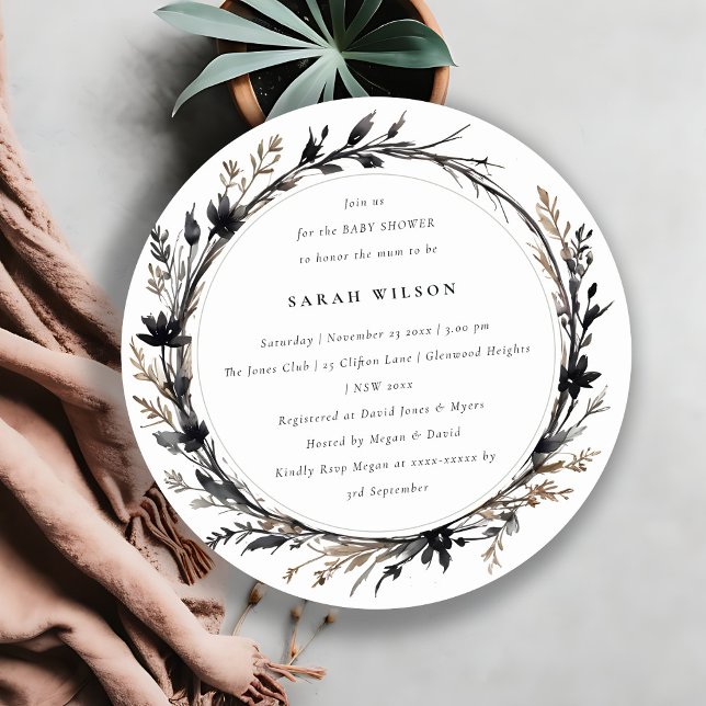 Boho Wildflower Black Fall Wreath Baby Shower Invitation (Creator Uploaded)