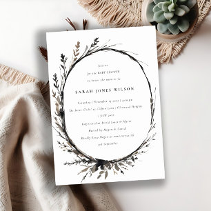 Boho Wildflower Black Fall Wreath Baby Shower Invitation