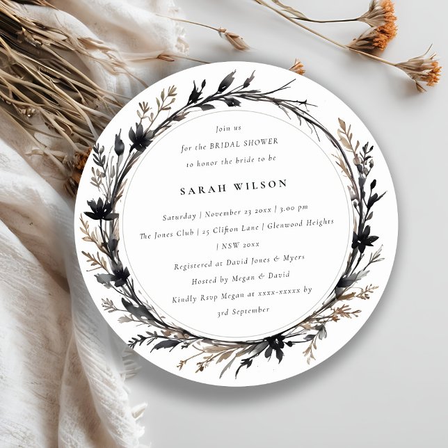 Boho Wildflower Black Fall Wreath Bridal Shower Invitation (Creator Uploaded)