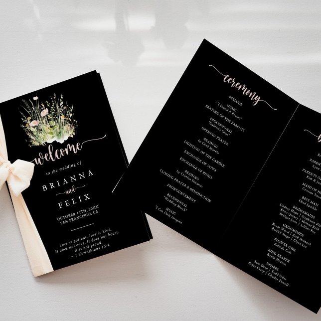 Boho Wildflower Black Folded Wedding Program (Creator Uploaded)