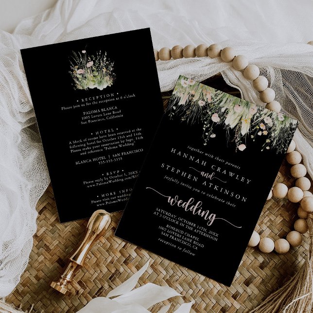 Boho Wildflower Black Front & Back Wedding Invitation (Creator Uploaded)