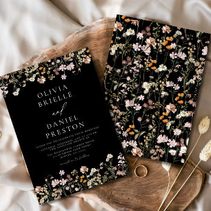 Boho Wildflower Black Garden Wedding Invitation