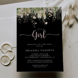 Boho Wildflower Black It's A Girl Baby Shower  Invitation