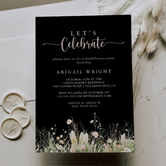 Boho Wildflower Black Let's Celebrate Party  Invitation (Creator Uploaded)