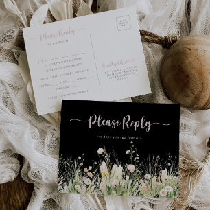 Boho Wildflower Black Menu Choice RSVP Postcard