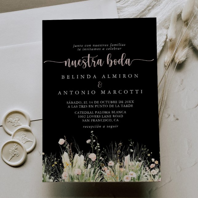 Boho Wildflower Black Nuestra Boda Wedding Invitation (Creator Uploaded)