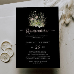Boho Wildflower Black Quinceañera Invitation