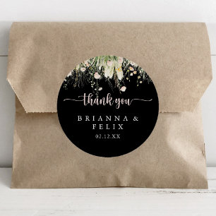 Boho Wildflower Black Thank You Wedding Favour  Classic Round Sticker
