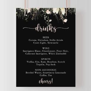 Boho Wildflower Black Wedding Drinks Menu Poster