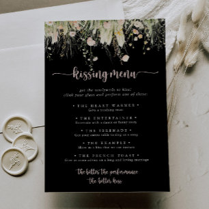 Boho Wildflower Black Wedding Kissing Menu Game 