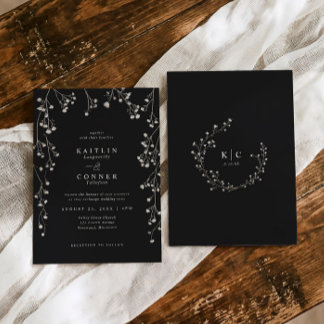 Boho Wildflower Black White Baby's Breath Wedding Invitation