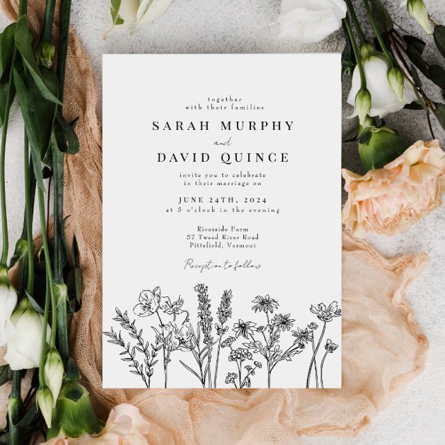 Boho Wildflower Black & White Elegant Wedding Invitation (Creator Uploaded)