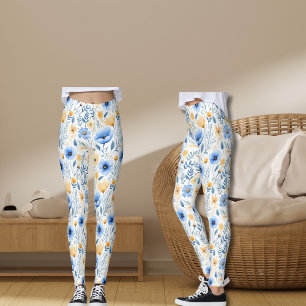 Boho Wildflower Blue Yellow Floral Yoga Leggings