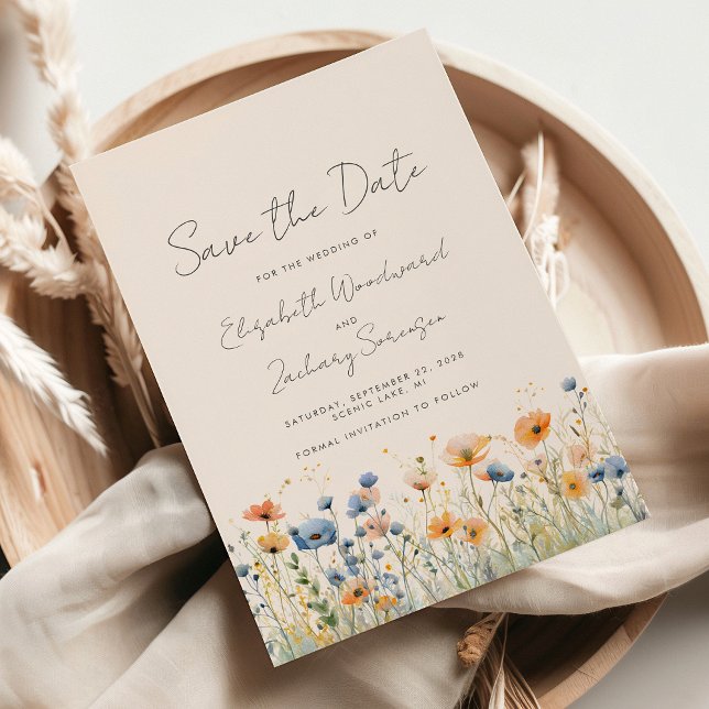Boho Wildflower Border Orange Blue Wedding Save The Date (Creator Uploaded)