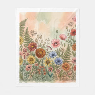 Boho Wildflower Botanical Pattern Fleece Blanket
