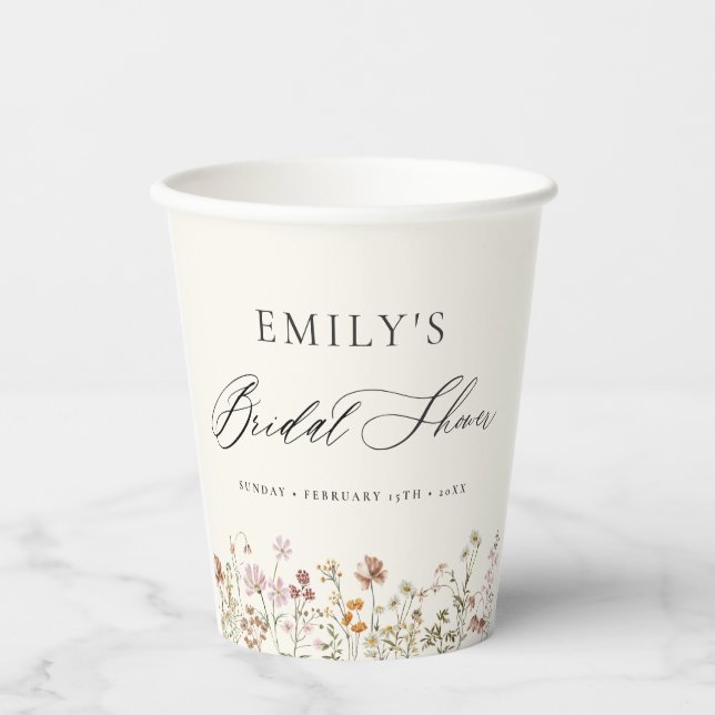 Boho Wildflower Bridal Shower Garden Script Paper Cups (Front)