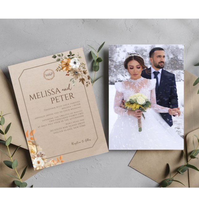  Boho Wildflower Brown Photo Wedding Invitation (Creator Uploaded)