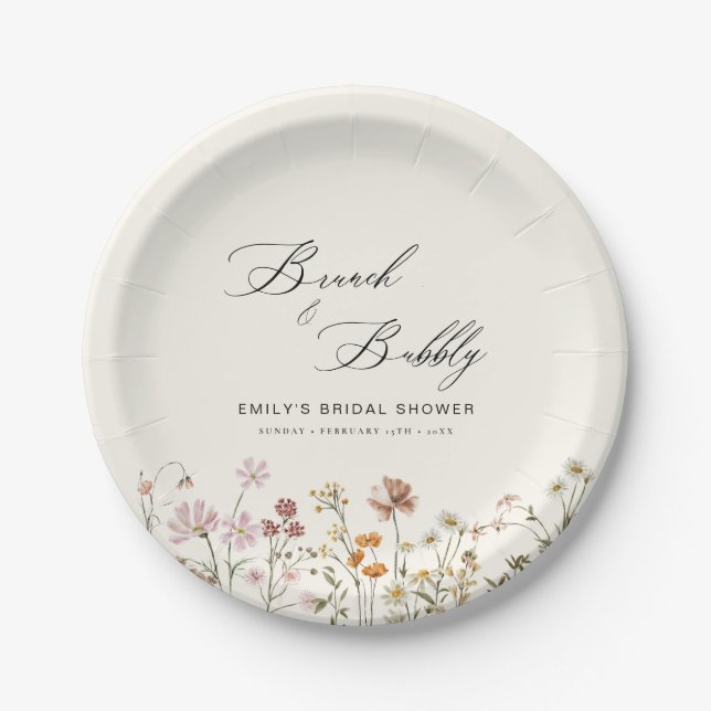 Boho Wildflower Brunch & Bubbly  Bridal Shower Paper Plate (Front)