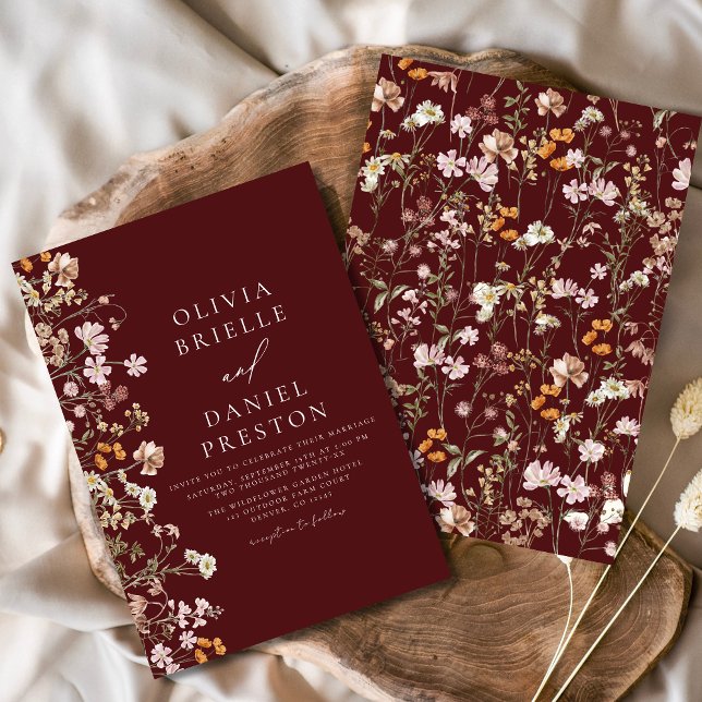 Boho Wildflower Burgundy Garden Wedding Invitation (Creator Uploaded)