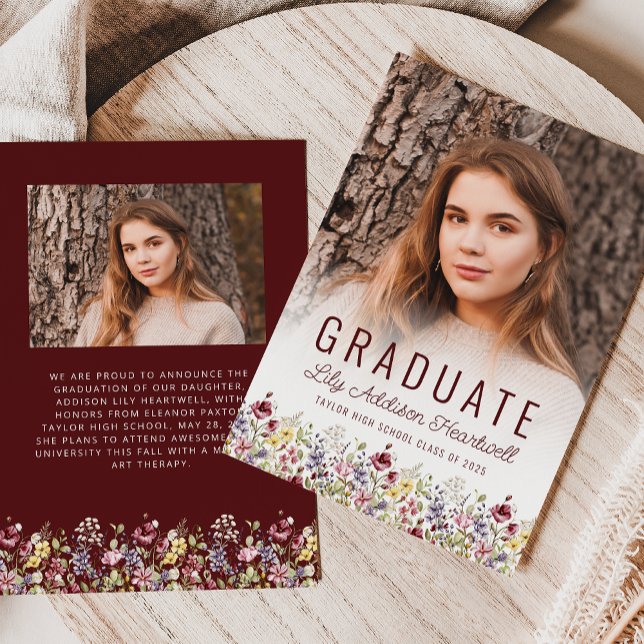 Boho Wildflower Burgundy Photo Grad Announcement (Creator Uploaded)