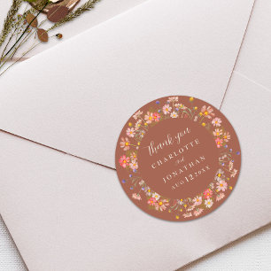 Boho Wildflower Burnt Orange Wedding Thank You  Classic Round Sticker