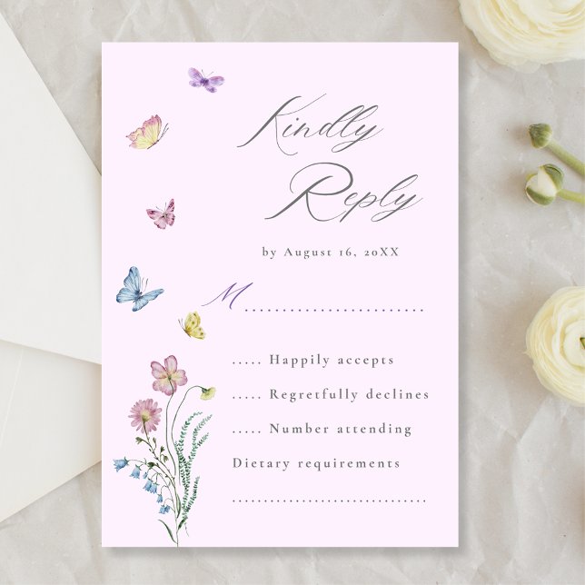 Boho Wildflower Butterfly Wedding Purple RSVP Card (Creator Uploaded)