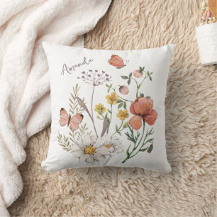 Boho Wildflower Custom Name Throw Pillow