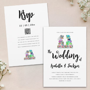 Boho Wildflower Dinosaur Bride and Groom Wedding Invitation