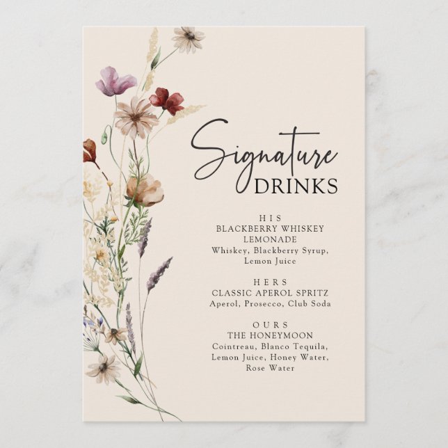 Boho Wildflower Drinks Wedding Menu (Front)
