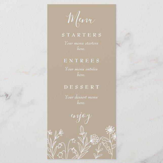 Boho wildflower earthy tan wedding menu (Front)