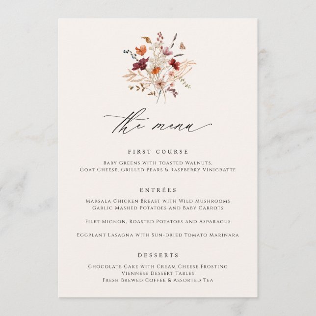 Boho Wildflower Elegant Fall Wedding Menus (Front)