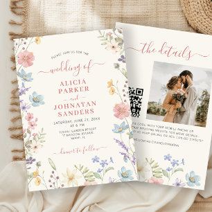 Boho wildflower elegant script QR code wedding Invitation