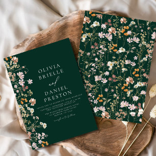 Boho Wildflower Emerald Green Garden Wedding Invitation