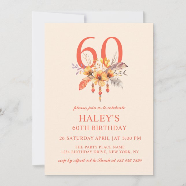 Boho Wildflower Fall Autumn Floral 60TH Birthday Invitation (Front)
