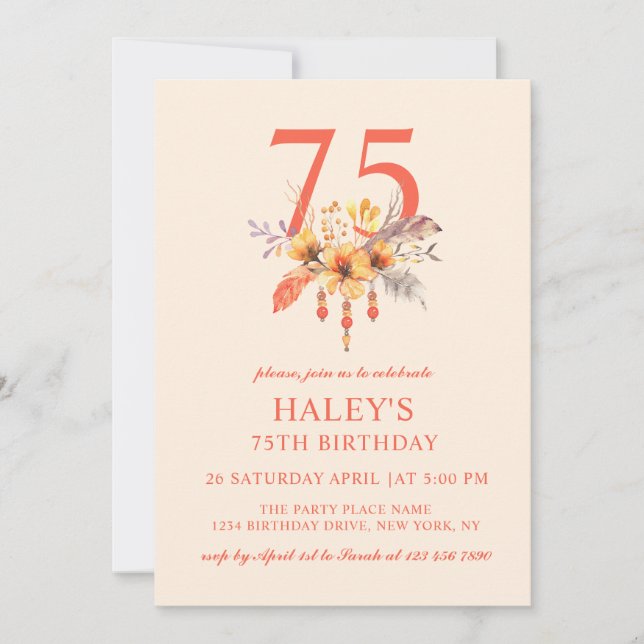 Boho Wildflower Fall Autumn Floral 75TH Birthday Invitation (Front)