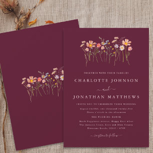 Boho Wildflower Fall Burgundy Blush Pink Wedding Invitation