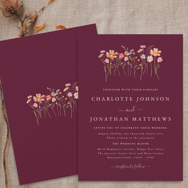 Boho Wildflower Fall Burgundy Blush Pink Wedding Invitation (Wildflower boho fall floral burgundy blush pink Wedding invitation Watercolor whimsical flowers)