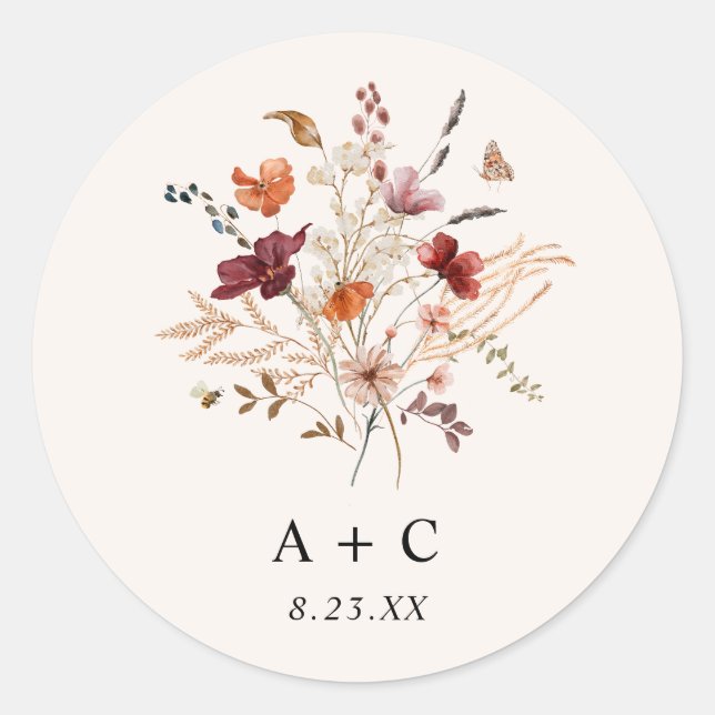 Boho Wildflower Fall Burgundy Rust Wedding Classic Round Sticker (Front)
