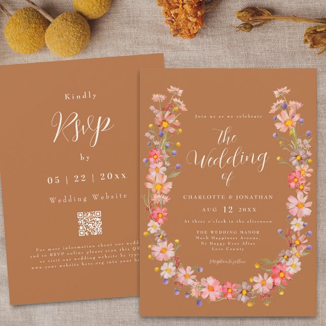 Boho Wildflower Fall Wedding Invitation (Boho fall rustic wildflower terracotta wedding qr code invitation Watercolor autumn floral wreath)