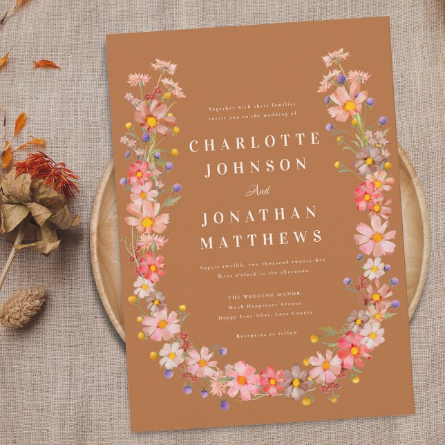 Boho Wildflower Fall Wedding Invitation (Boho rustic floral wreath fall wedding invitation watercolor wildflowers elegant modern typography )