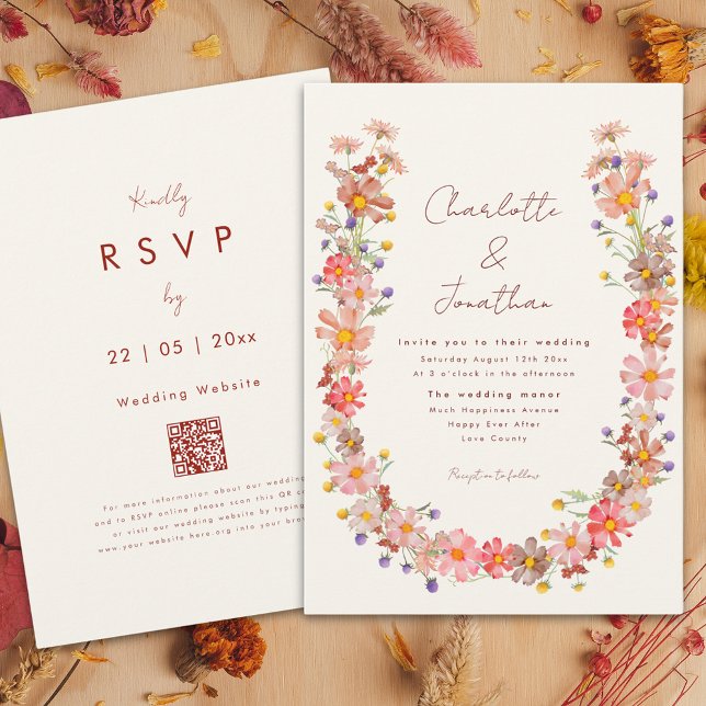 Boho Wildflower Fall Wedding Invitation (Boho wildflower wreath fall wedding invitation with burnt orange whimsical script)